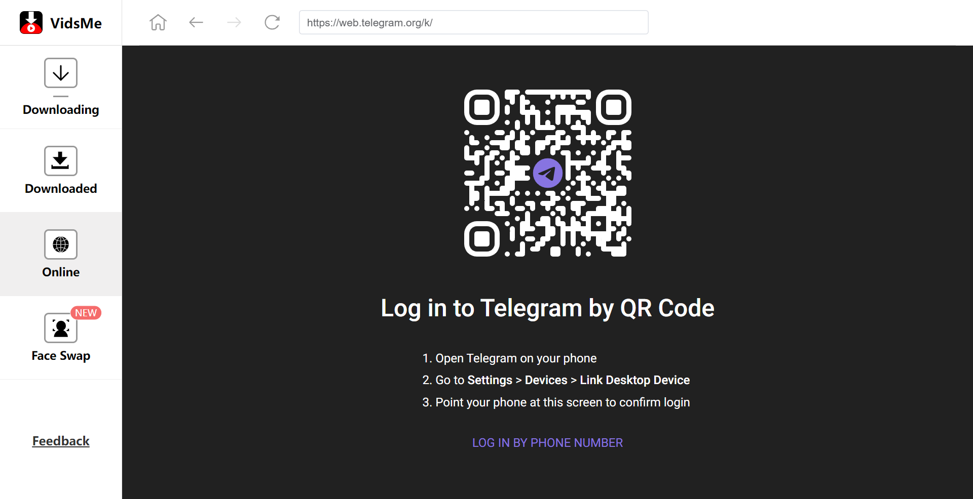 Log in the telegram on VidsMe