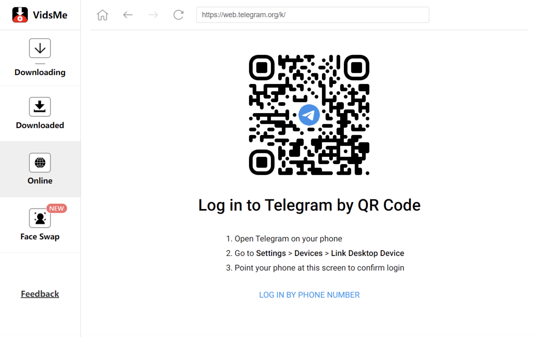 Log in to Telegram on VidsMe